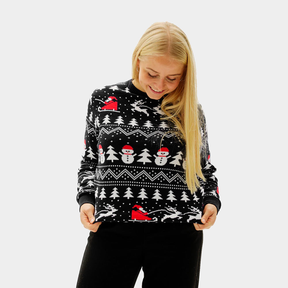 Jersey de Navidad Negro para Mujer Árboles, Muñecos y Papá Noel