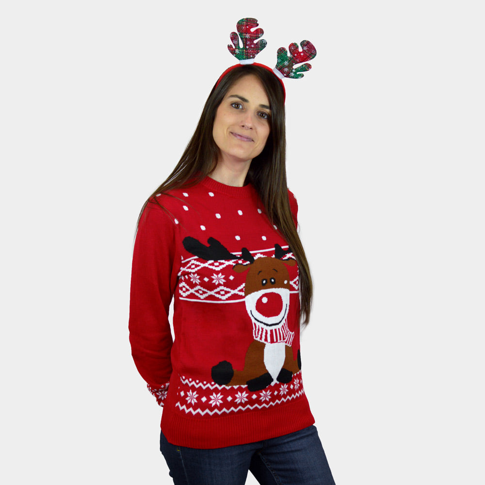 Jersey de Navidad Mujer Niña y Niño Rojo Reno Rudolph Bufanda
