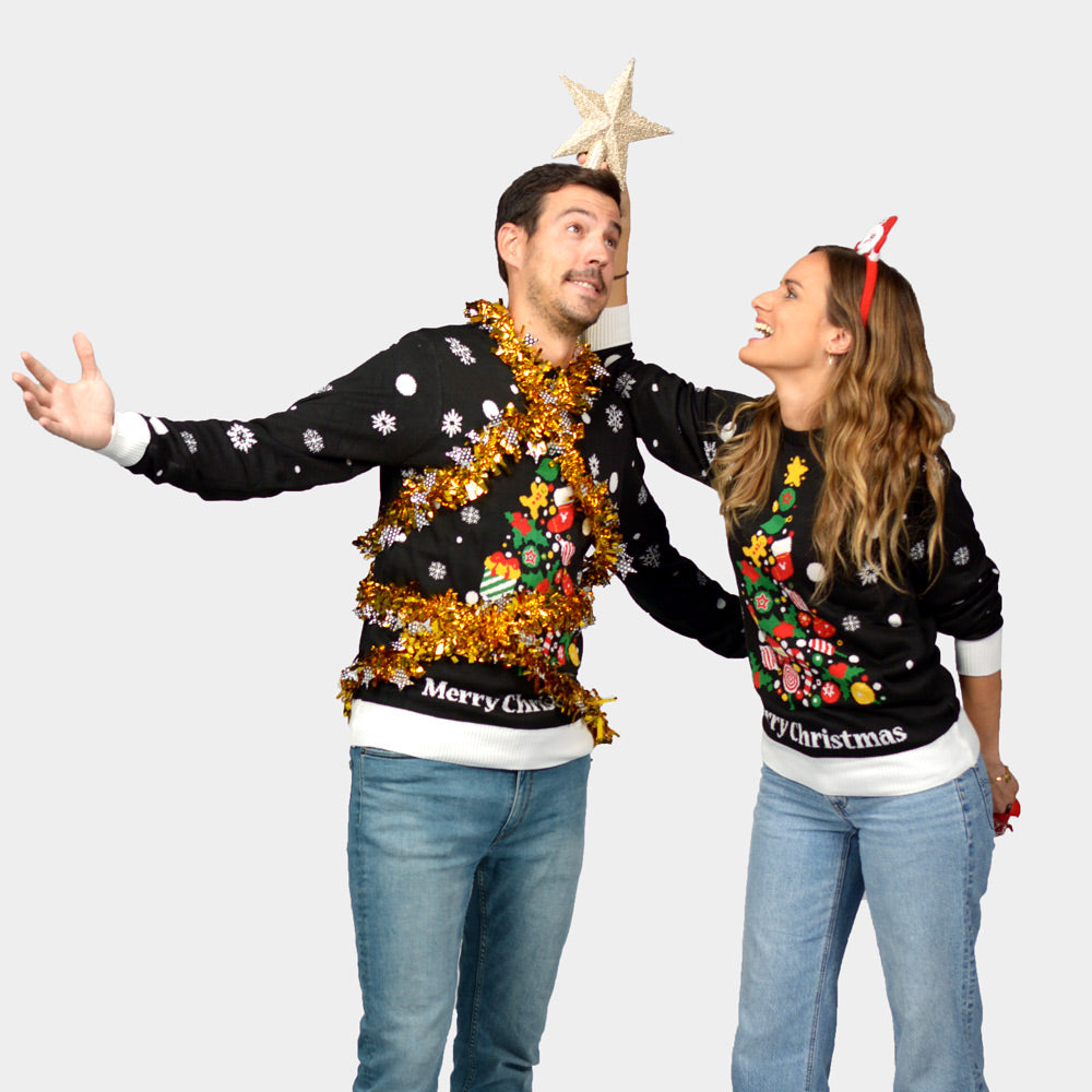 Jersey de Navidad para Niña y Niño Negro con Árbol de Navidad Mujer y Hombre
