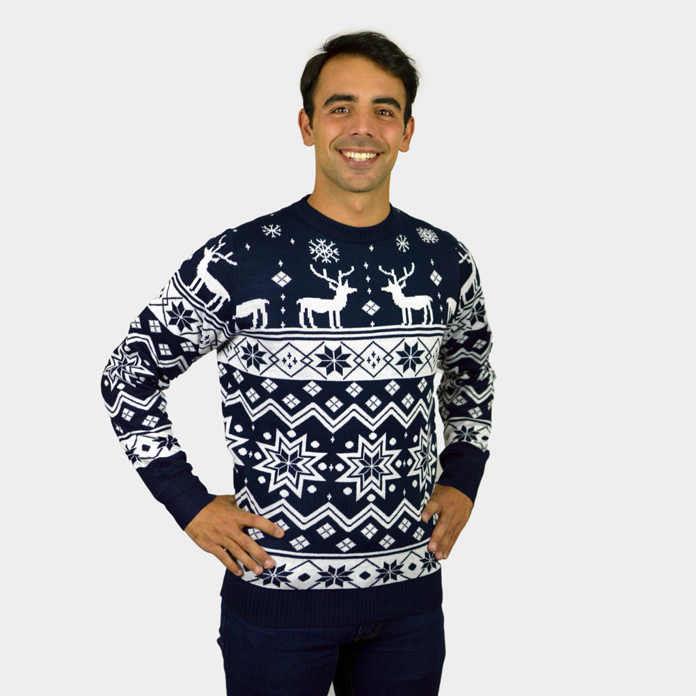 Jersey Navideño Hombre Niña y Niño con Renos y Estrellas Azul Nordic
