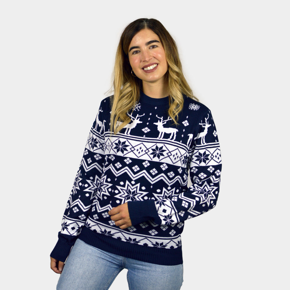 Jersey Navideño Mujer Niña y Niño con Renos y Estrellas Azul Nordic
