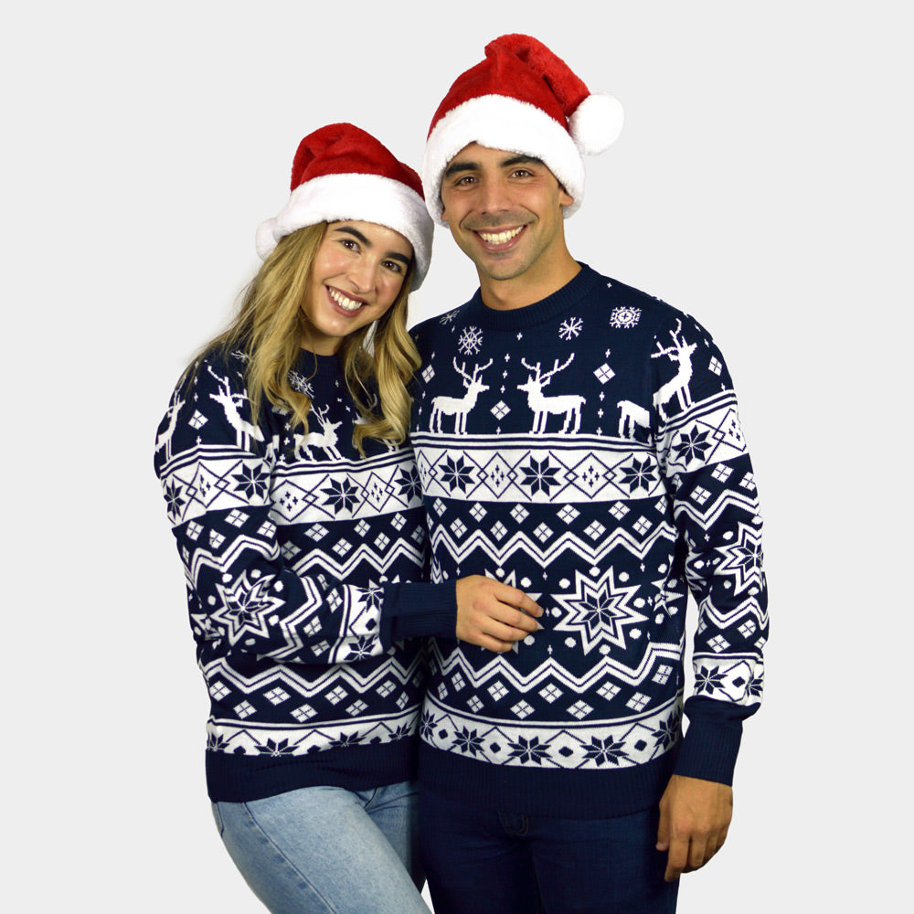 Jersey Navideño Parejas Niña y Niño con Renos y Estrellas Azul Nordic
