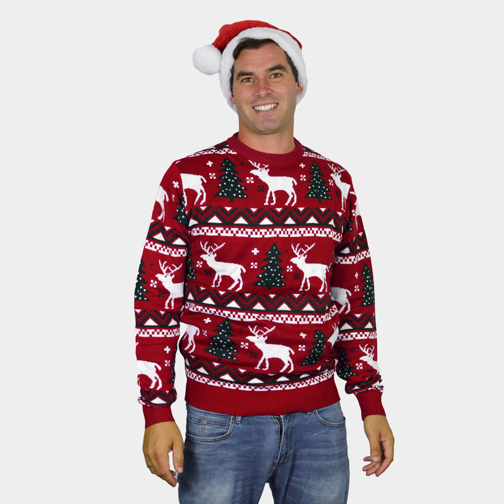 Jersey de Navidad Hombre Niña y Niño Rojo Árboles de Navidad y Renos

