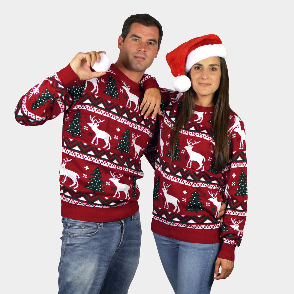 Jersey de Navidad Pareja Niña y Niño Rojo Árboles de Navidad y Renos
