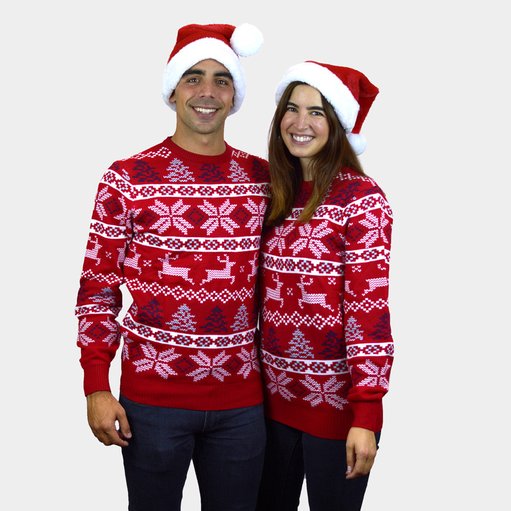 Jersey de Navidad Pareja Niña y Niño Rojo Clásico Estrellas Polares
