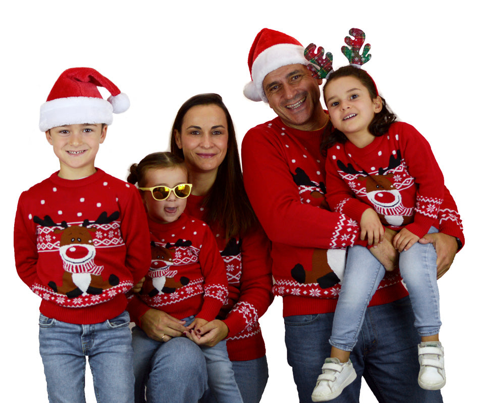 Jersey de Navidad para Niña y Niño Rojo Reno Rudolph Bufanda familia