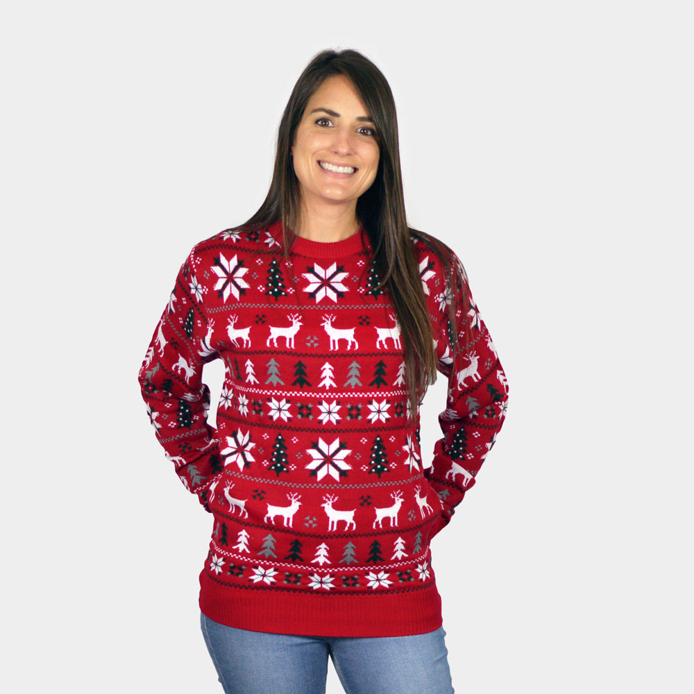 Jersey de Navidad Niña y Niño Mujer Rojo Renos, Árboles y Estrellas Polares

