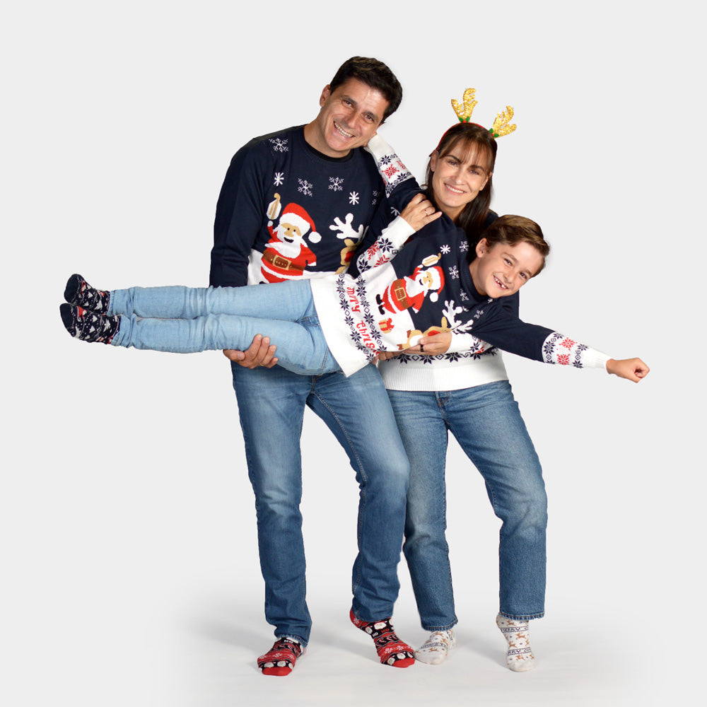 Jersey de Navidad Niña y Niño Azul Papá Noel y Reno Rudolph Familia
