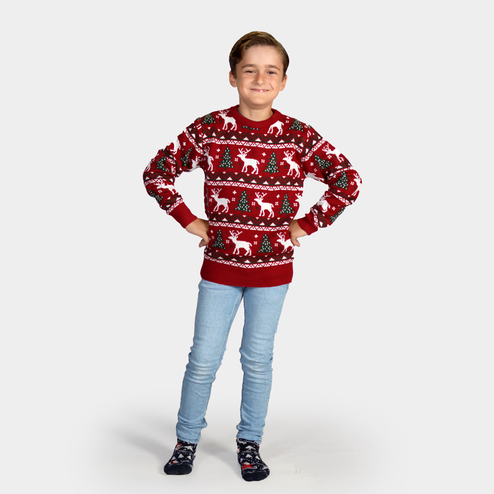 Jersey de Navidad para Niño Rojo Árboles de Navidad y Renos
