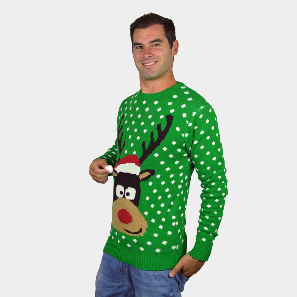 Jersey de Navidad para Mujer Verde Reno Hombre con Gorro en 3D
