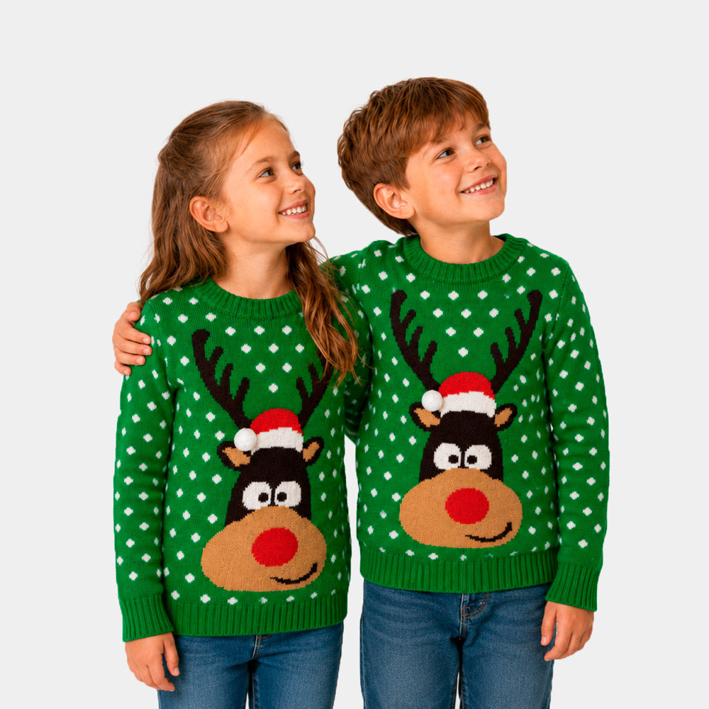 Jersey de Navidad para Mujer Verde Niño Reno con Gorro en 3D

