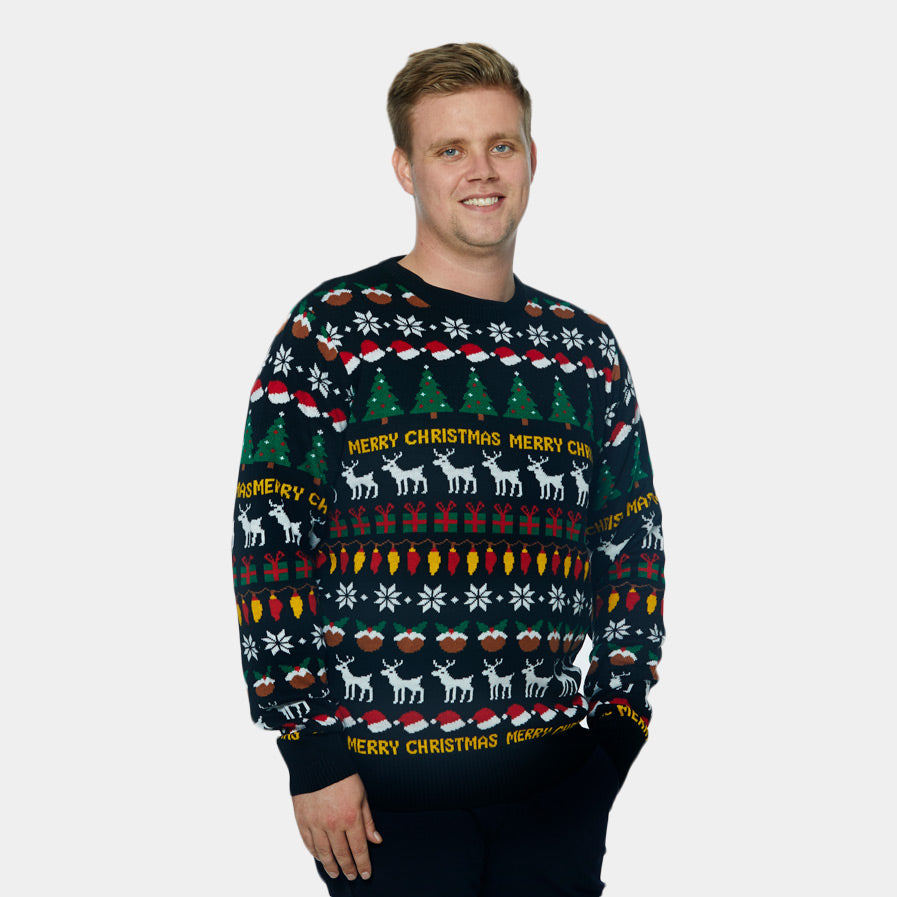 Jersey de Navidad para Hombre Negro con Árboles, Renos y Regalos
