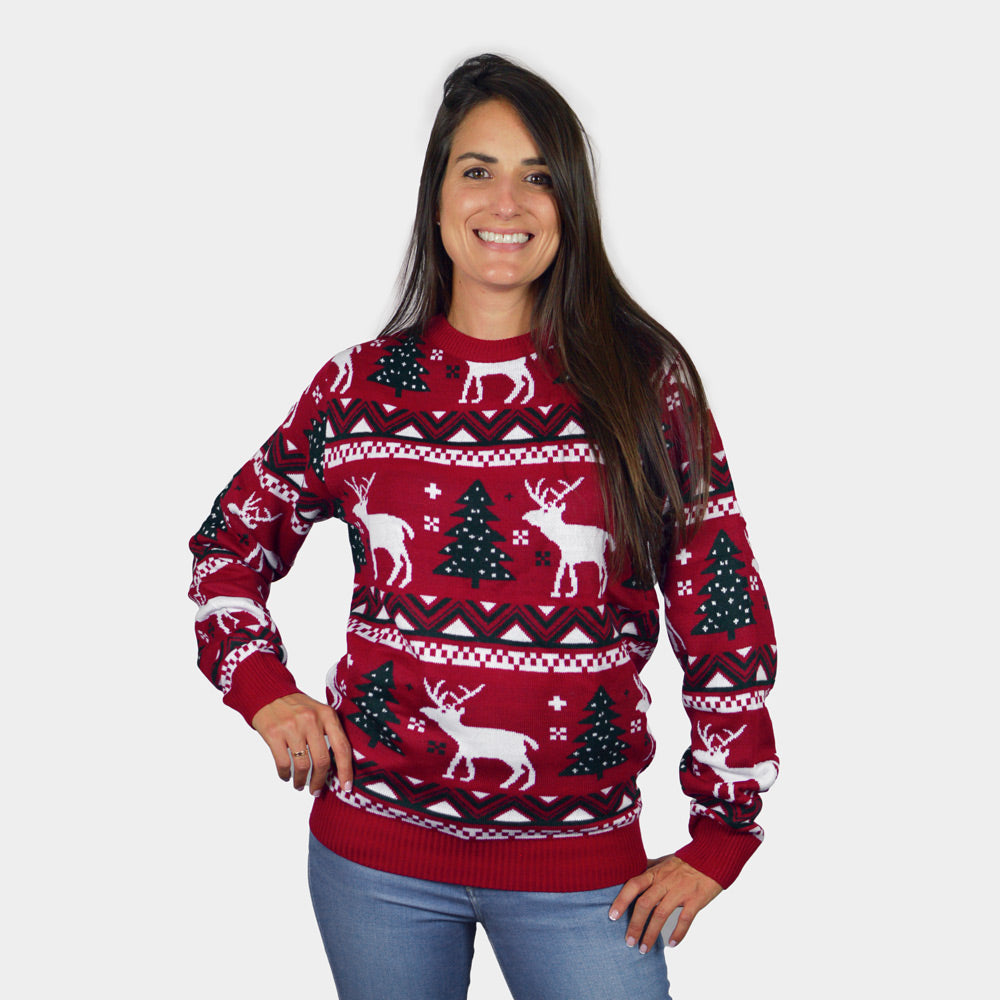 Jersey de Navidad Mujer Hombre Rojo Árboles de Navidad y Renos
