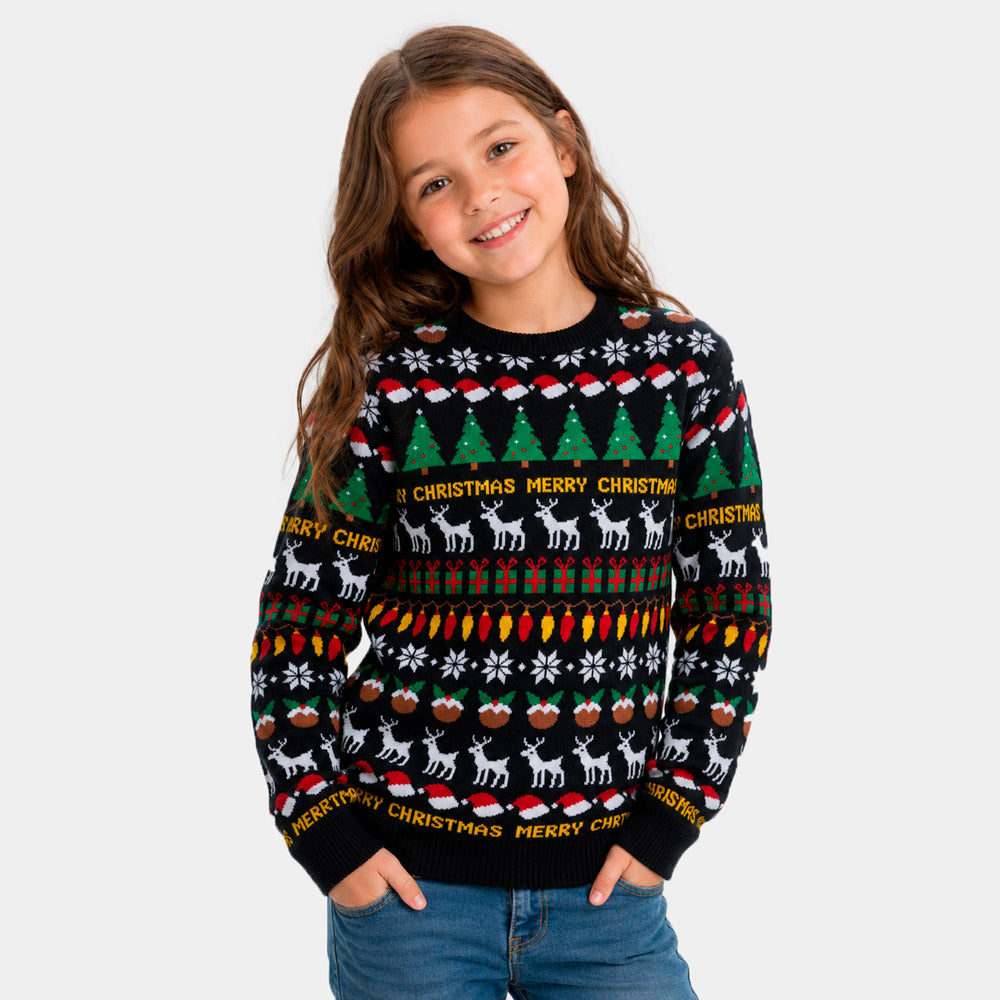 Jersey de Navidad para Niña Negro con Árboles, Renos y Regalos
