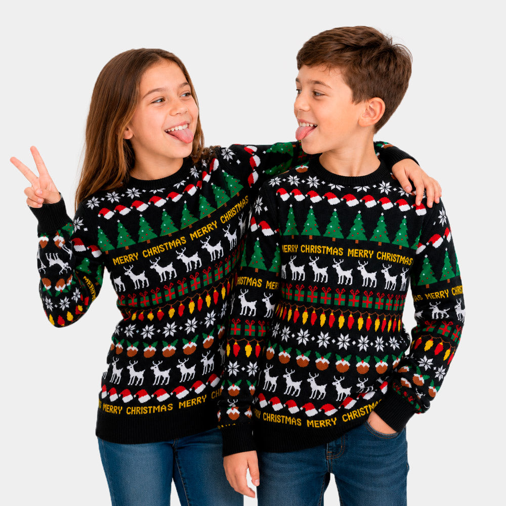 Jersey de Navidad para Niña y Niño Negro con Árboles, Renos y Regalos
