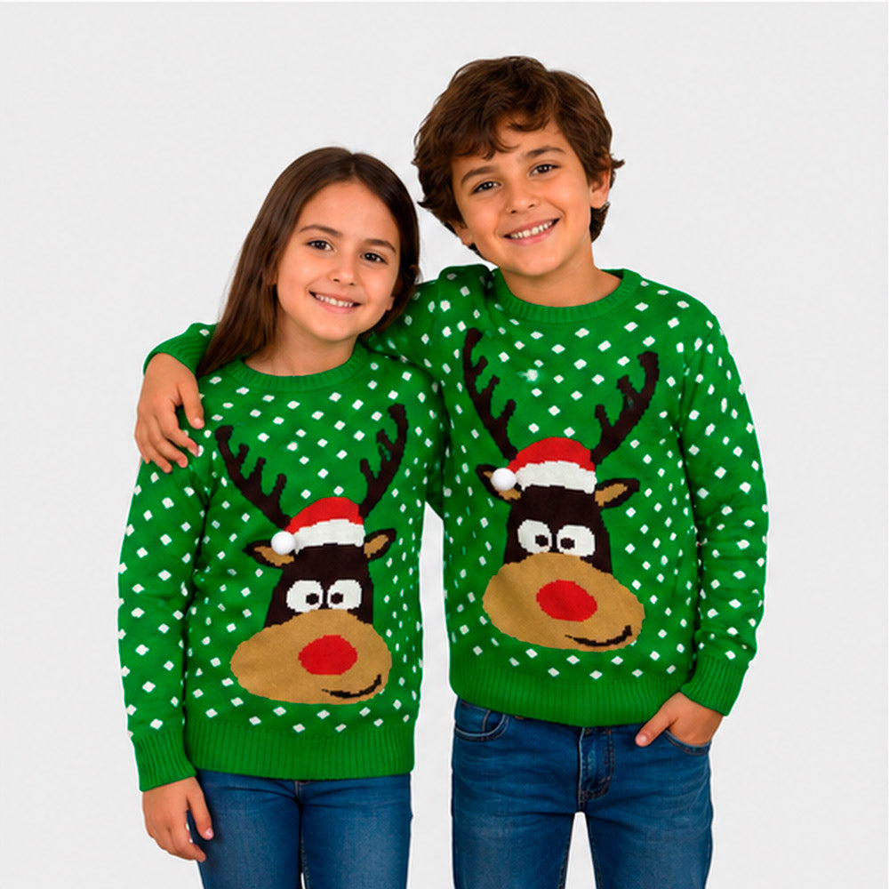 Jersey de Navidad para Niña y Niño Verde Reno con Gorro en 3D Algodón
