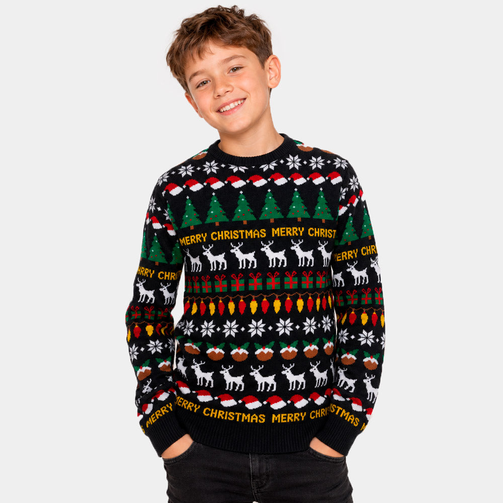 Jersey de Navidad para Niño Negro con Árboles, Renos y Regalos
