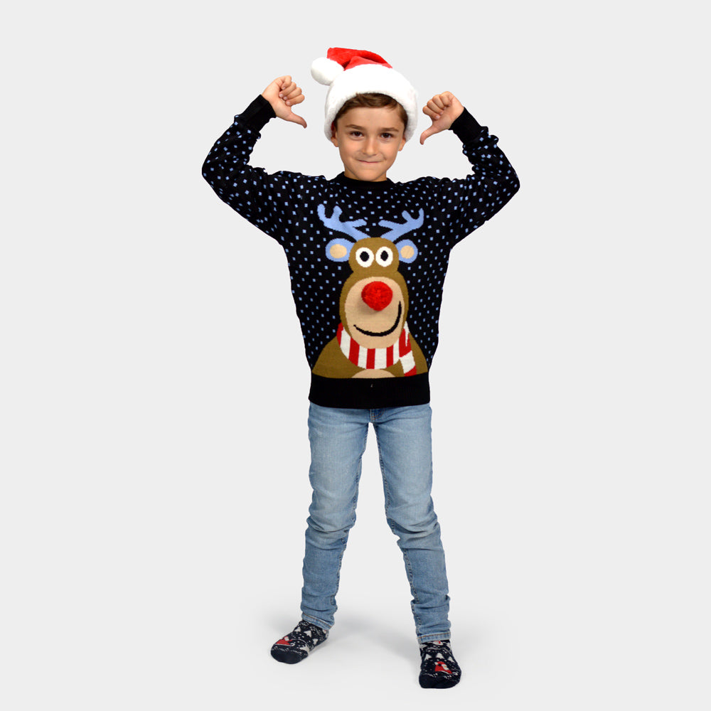 Jersey de Navidad Niño Azul Reno Rodolfo Nariz Roja en 3D
