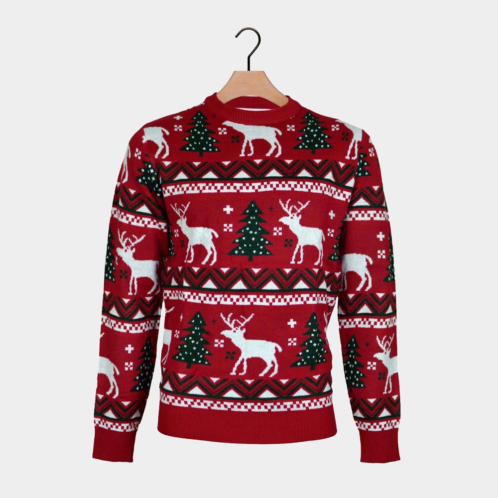 Jersey de Navidad Pareja Rojo Árboles de Navidad y Renos
