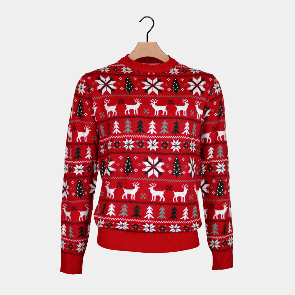 Jersey de Navidad Parejas Rojo Renos, Árboles y Estrellas Polares


