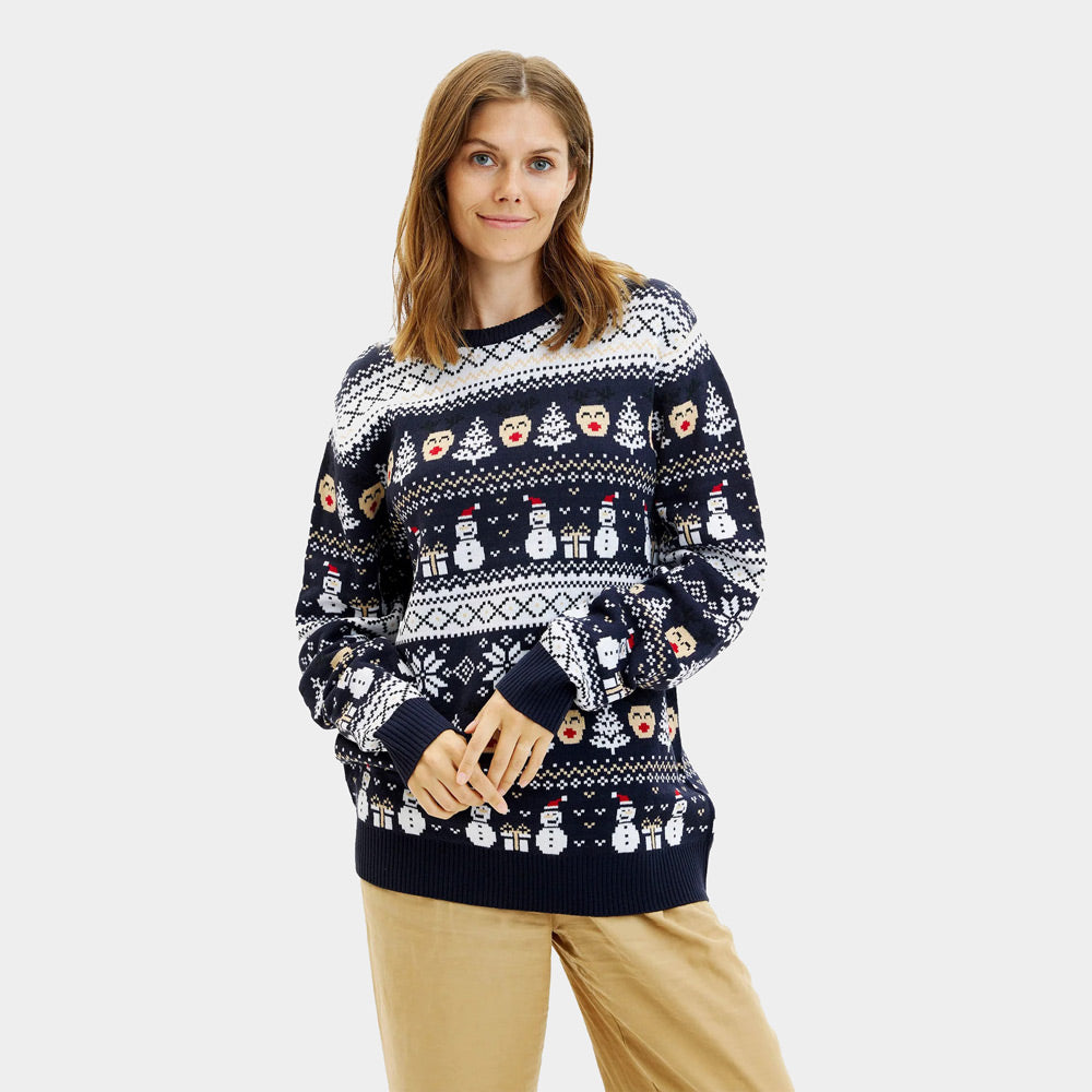 Jersey de Navidad Parejas Mujer Azul Muñecos de Nieve y Cenefas