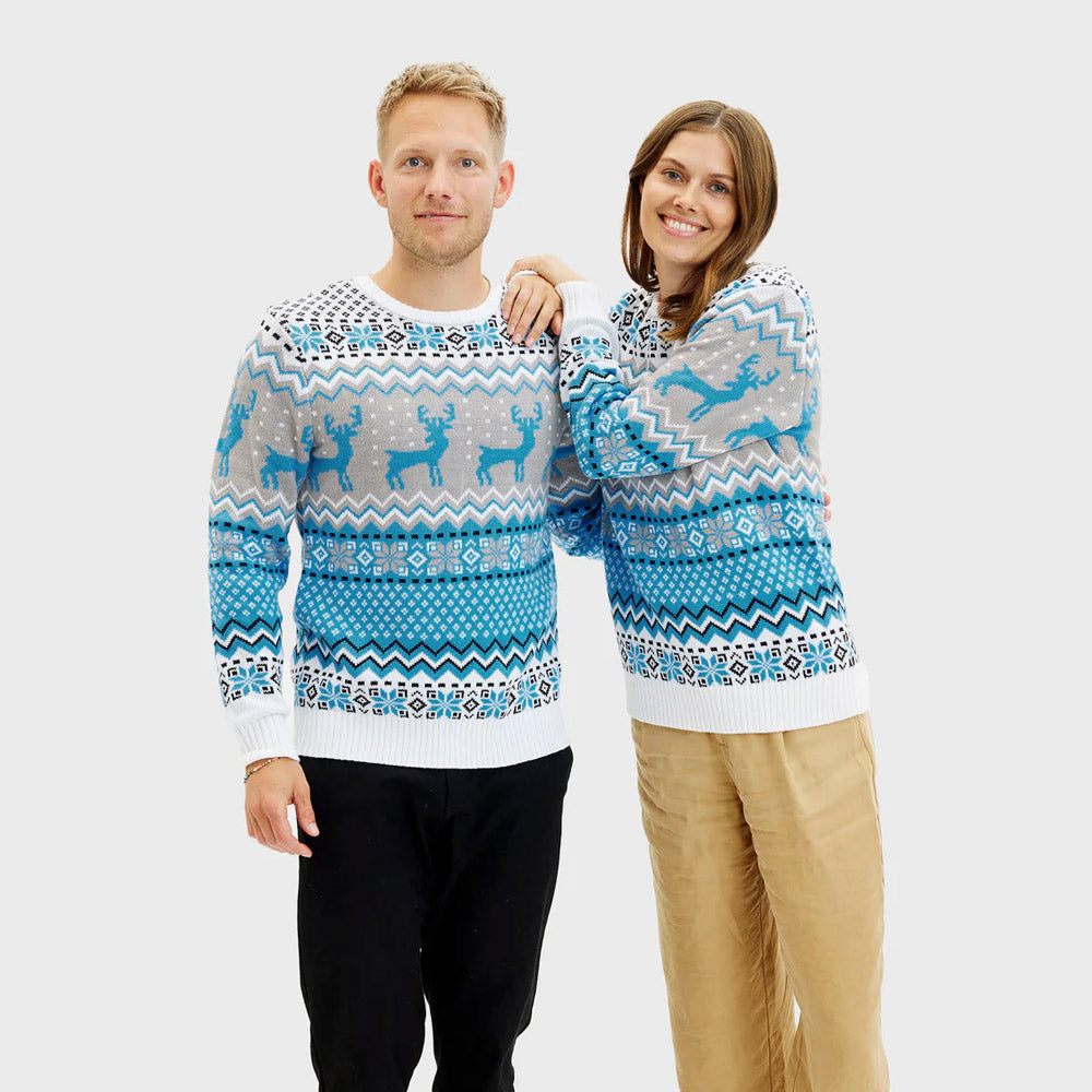Jersey de Navidad Parejas Blanco, Gris y Azul con Renos Elegante
