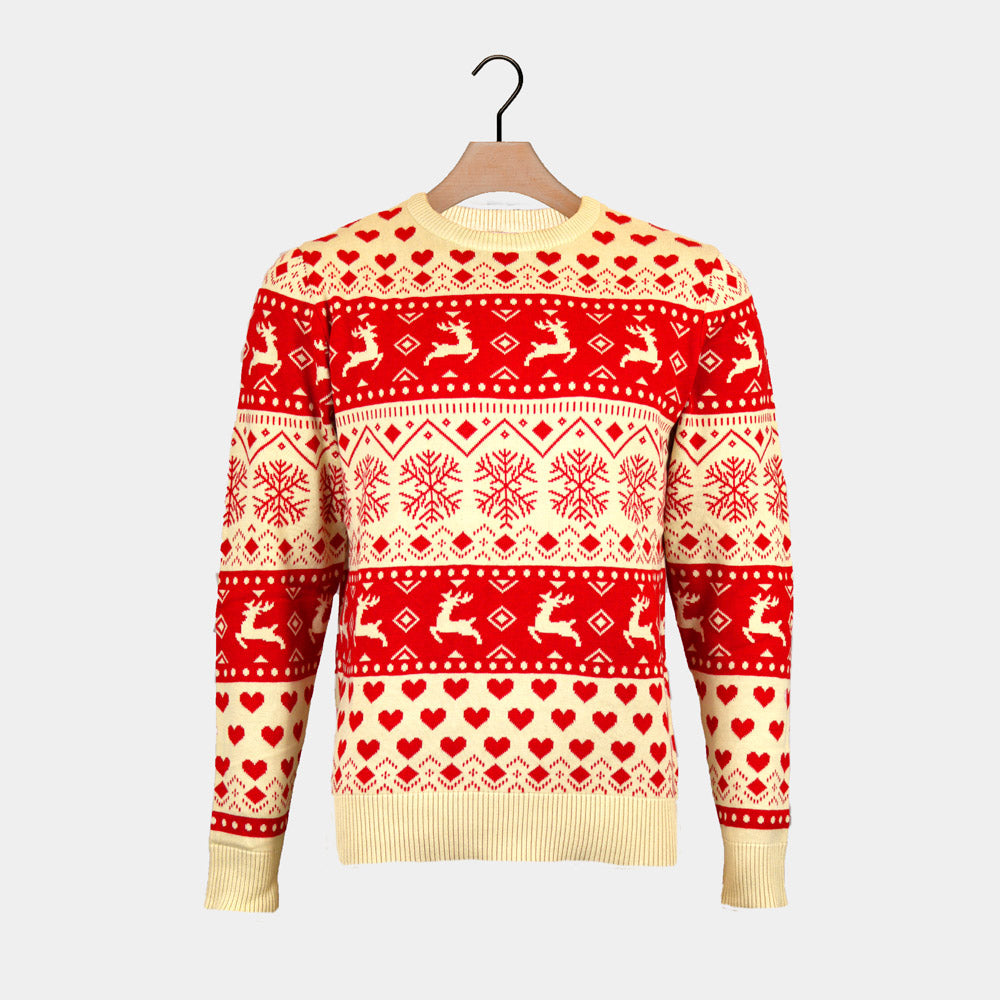 Jersey de Navidad Parejas Corazones Rojos Beige Algodón Orgánico
