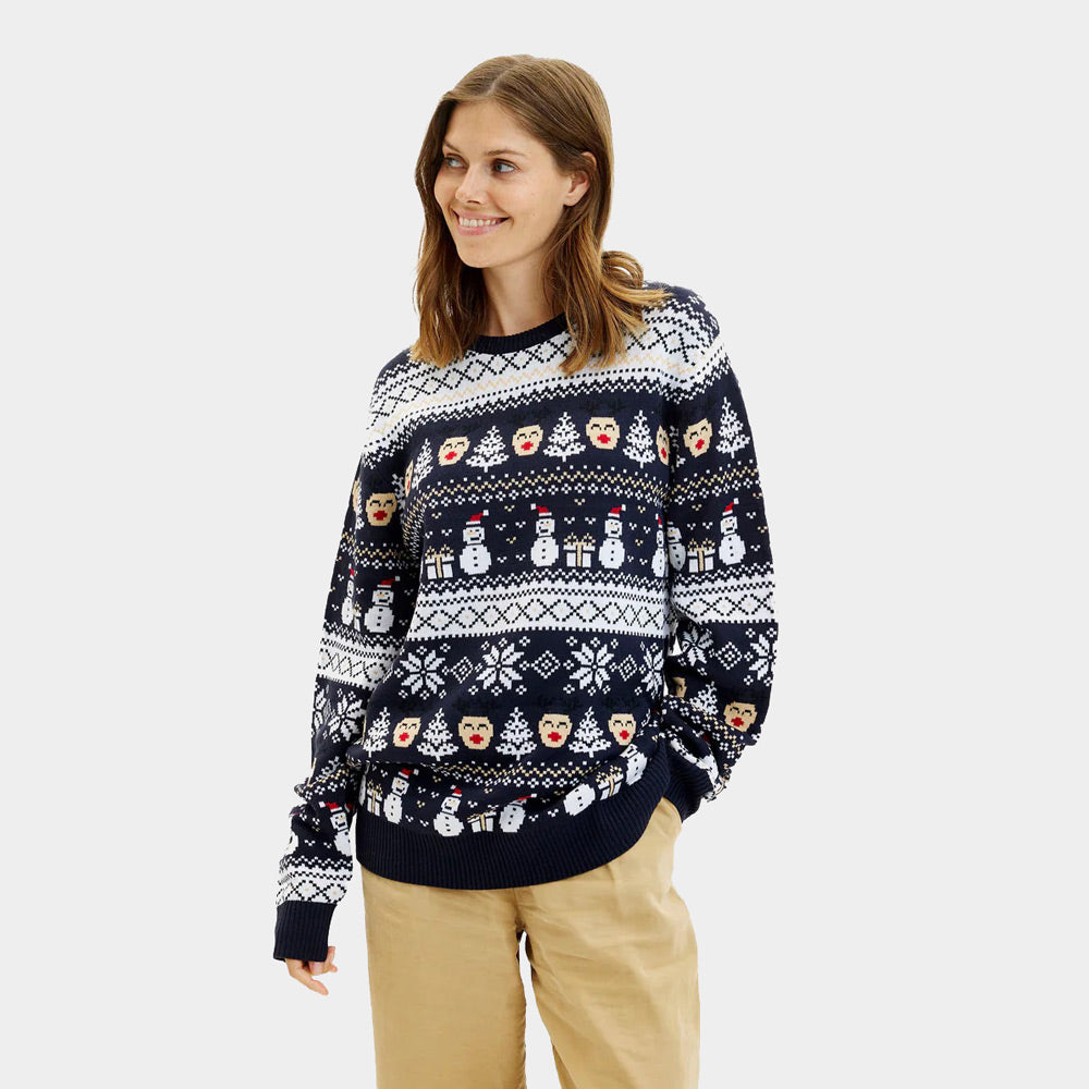 Jersey de Navidad Parejas mujer Azul Muñecos de Nieve y Cenefas
