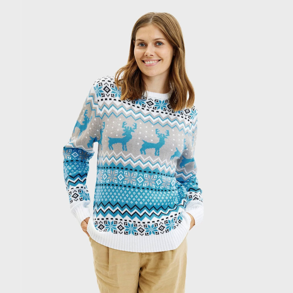 Jersey de Navidad Parejas Mujer Blanco, Gris y Azul con Renos Elegante
