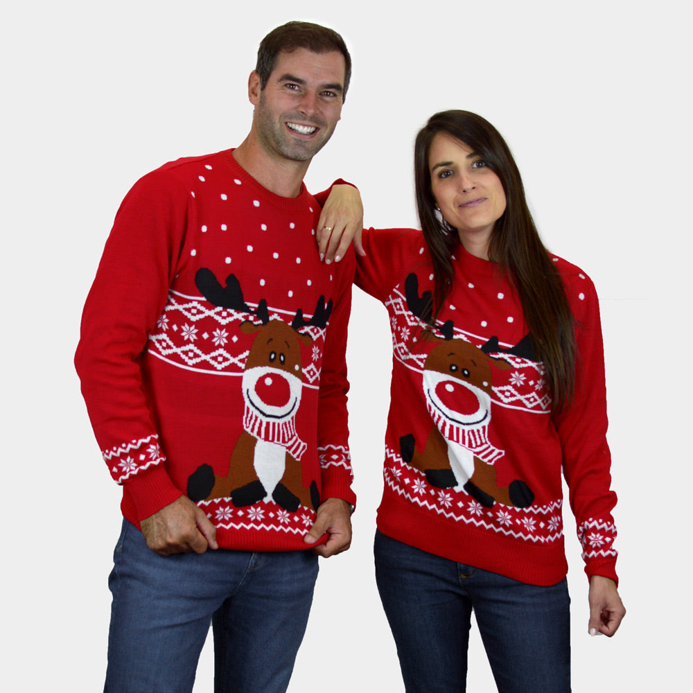 Jersey de Navidad Parejas Niña y Niño Rojo Reno Rudolph Bufanda
