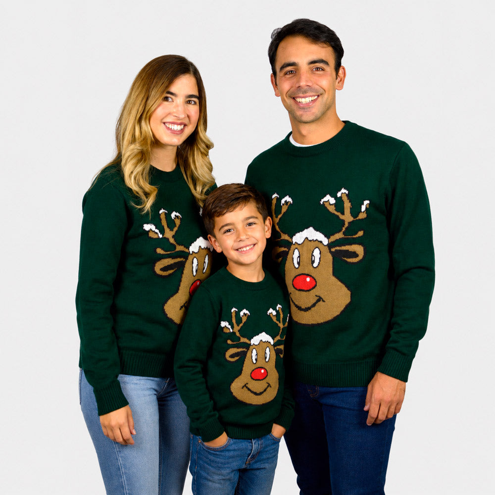 Jersey de Navidad Reno Sonriente Verde Familia 
