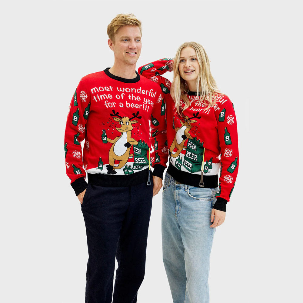 Jersey Navideño Parejas Reno con Abridor de Cerveza
