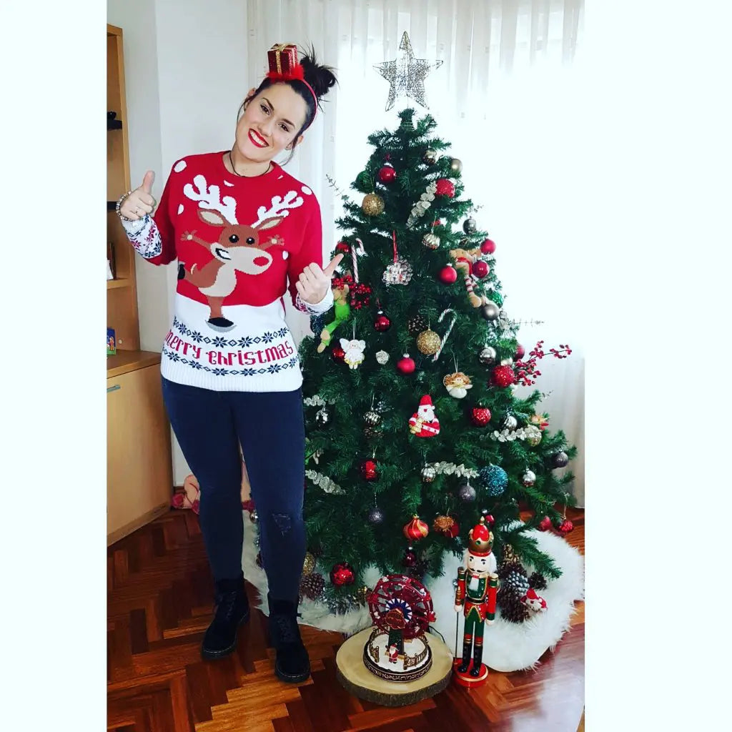 JERSEY-NAVIDENO-ROJO-RENO-PATINANDO-ARBOL-DE-NAVIDAD