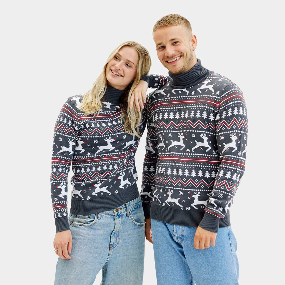 Jersey de Navidad de cuello alto para Hombre Gris con Renos Algodón Orgánico Mujer