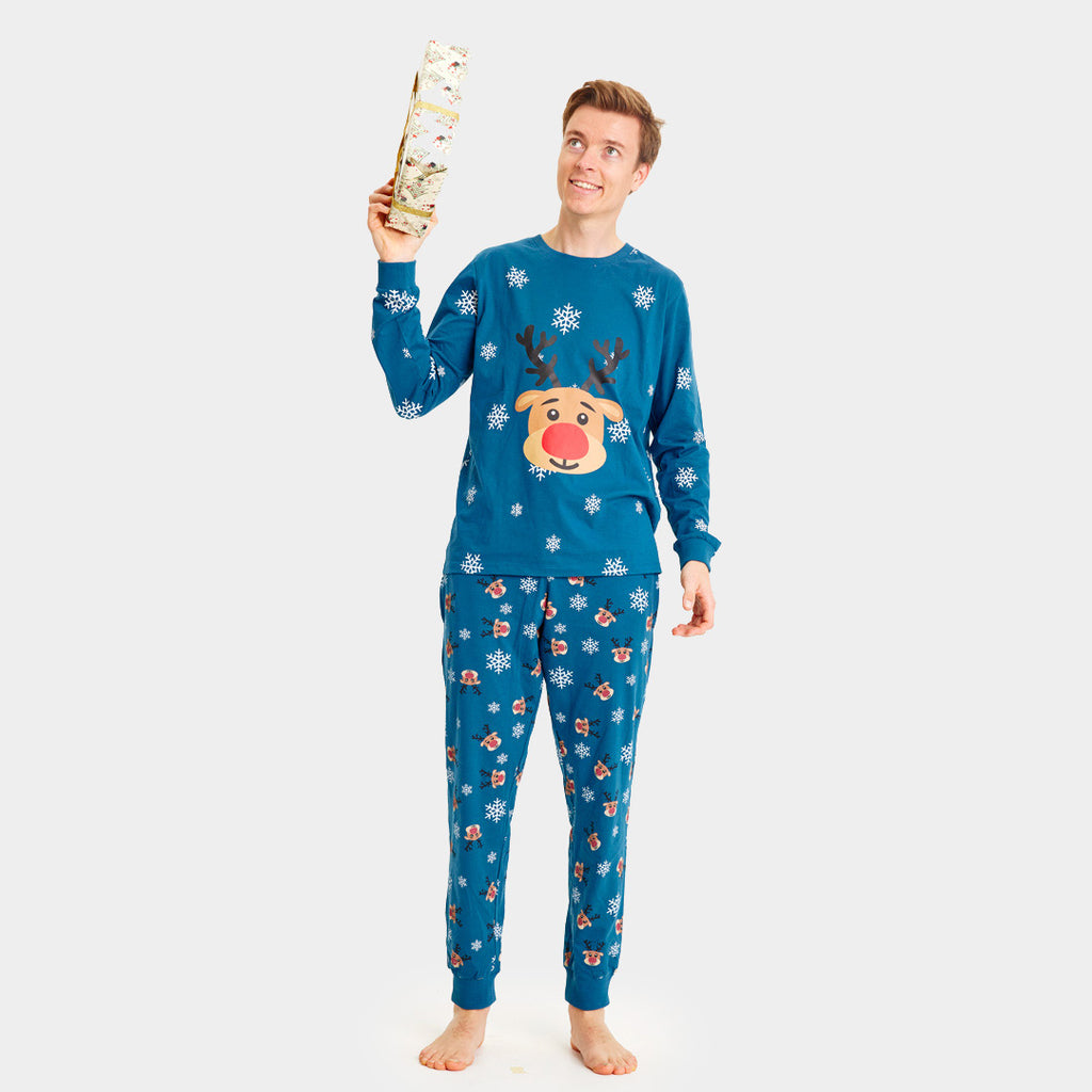 Pijama de Navidad para Familia Azul con Reno Rudolph hombre