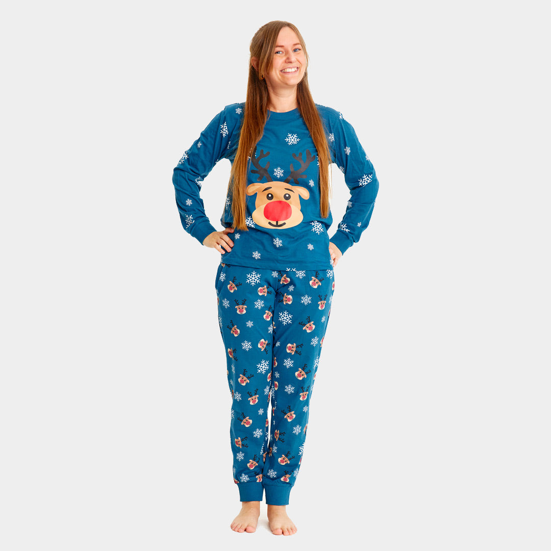 Pijama de Navidad para Familia Azul con Reno Rudolph mujer