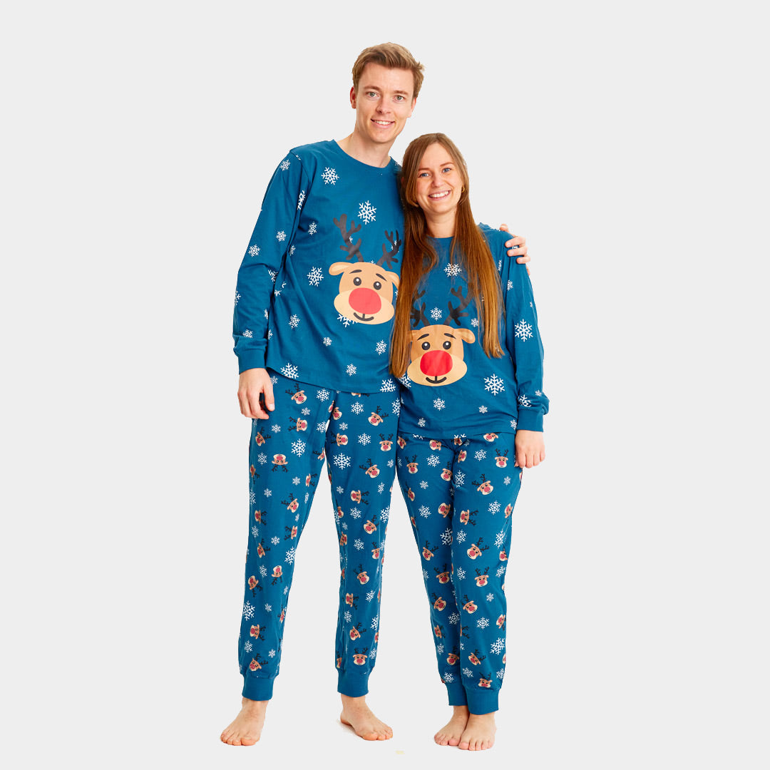 Pijama de Navidad para Familia Azul con Reno Rudolph pareja