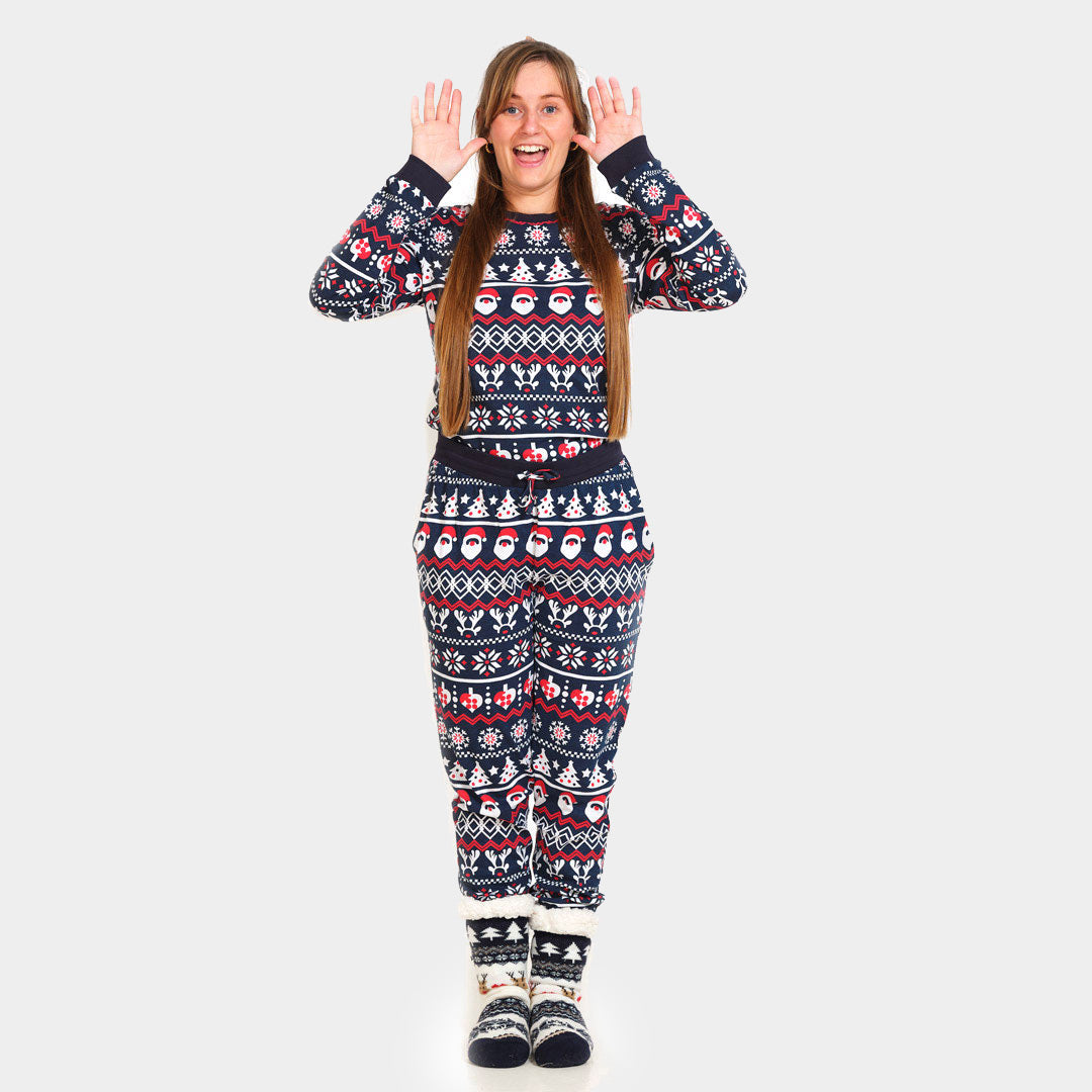 Pijama de Navidad para Familia con Papá Noel, Árboles y Corazones mujer