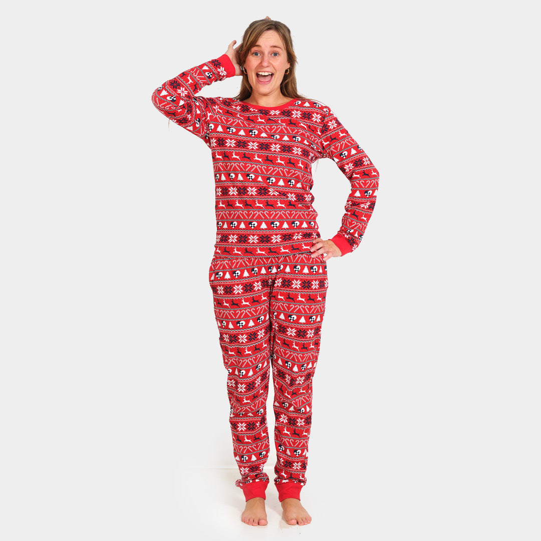 Pijama de Navidad para Familia Rojo con Renos y Árboles mujer