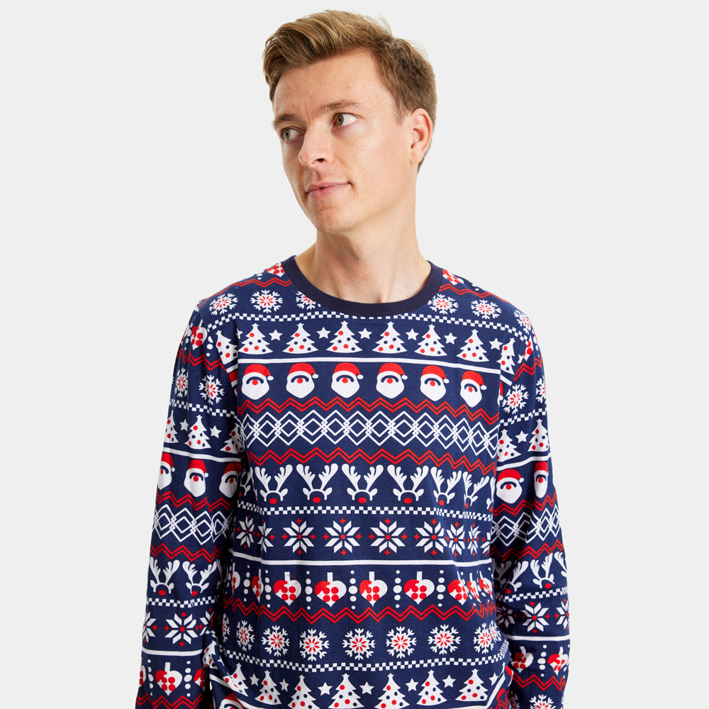 Pijama de Navidad para Familia Hombre con Papá Noel, Árboles y Corazones
