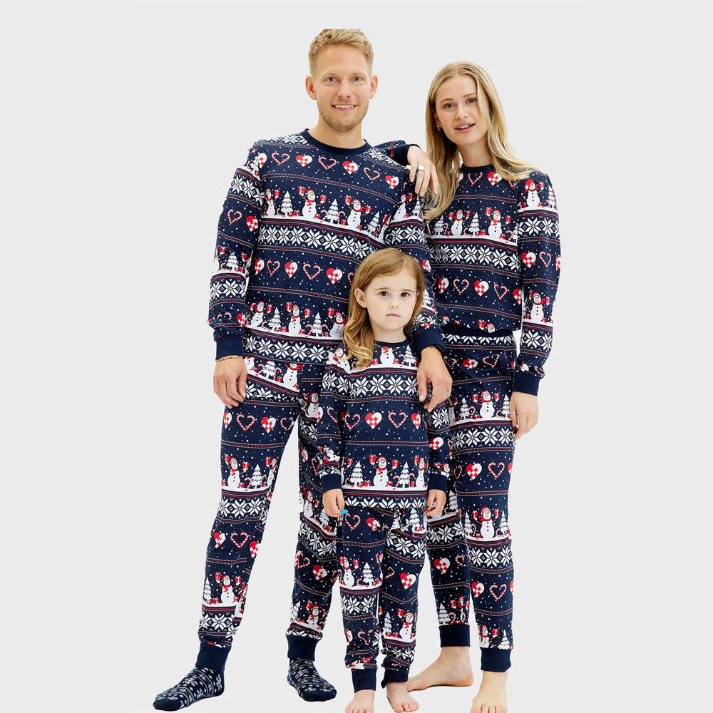 Pijama de Navidad para Familia Muñecos de Nieve y Corazones Azul 

