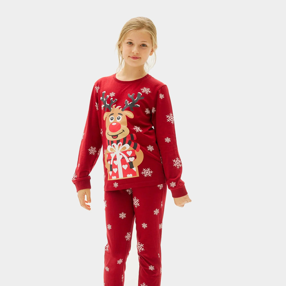 Pijama de Navidad para Familia Niña Rojo Reno Rodolfo
