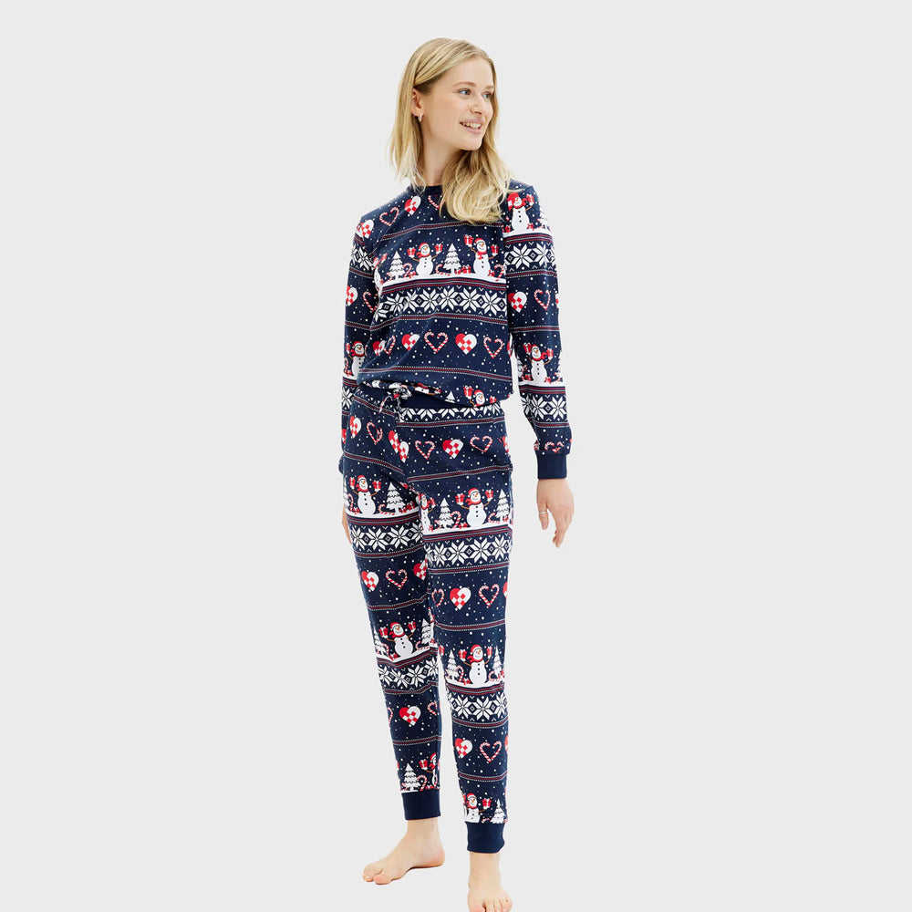 Pijama de Navidad para Mujer Azul Muñecos de Nieve y Corazones
