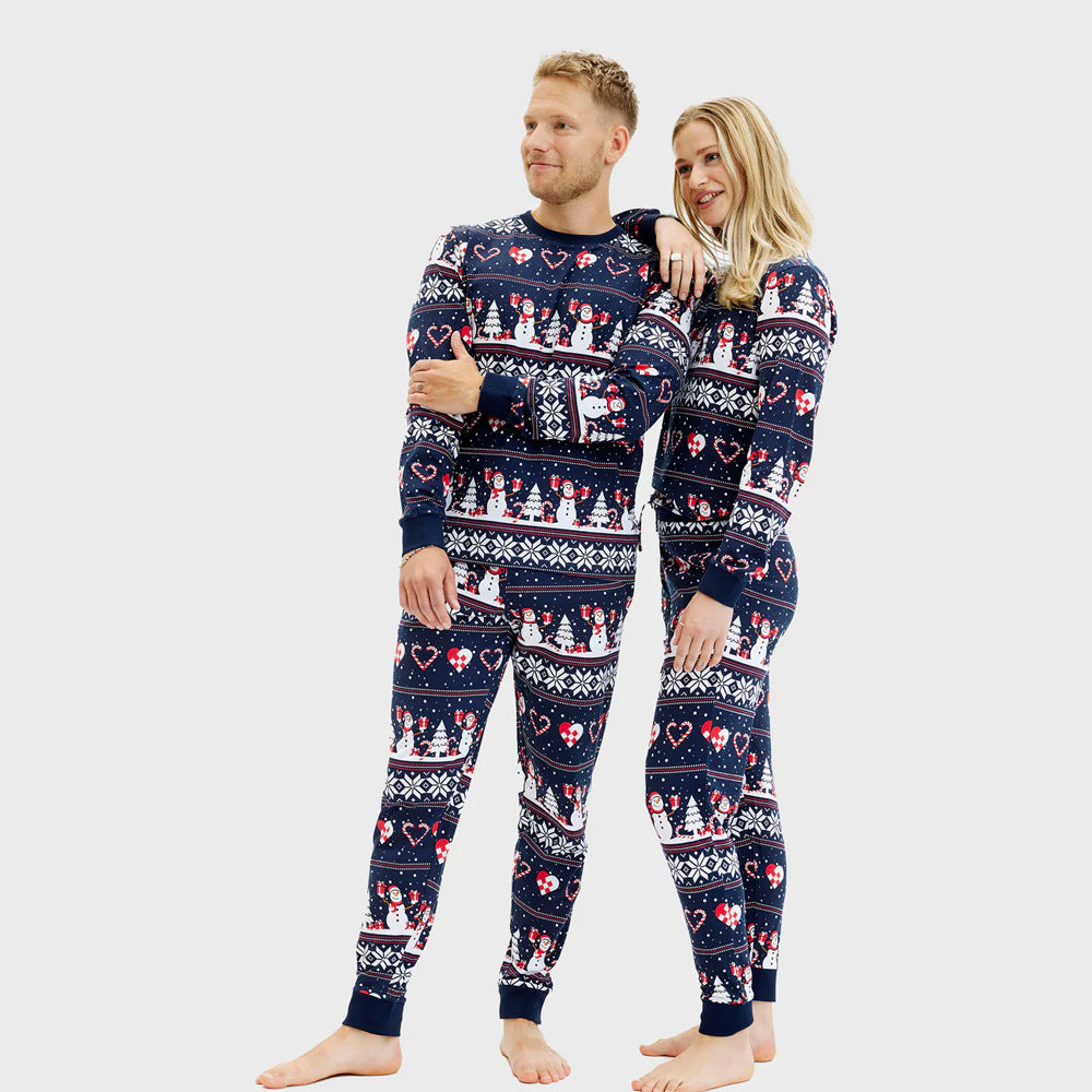 Pijama de Navidad para Mujer y Hombre Azul Muñecos de Nieve y Corazones

