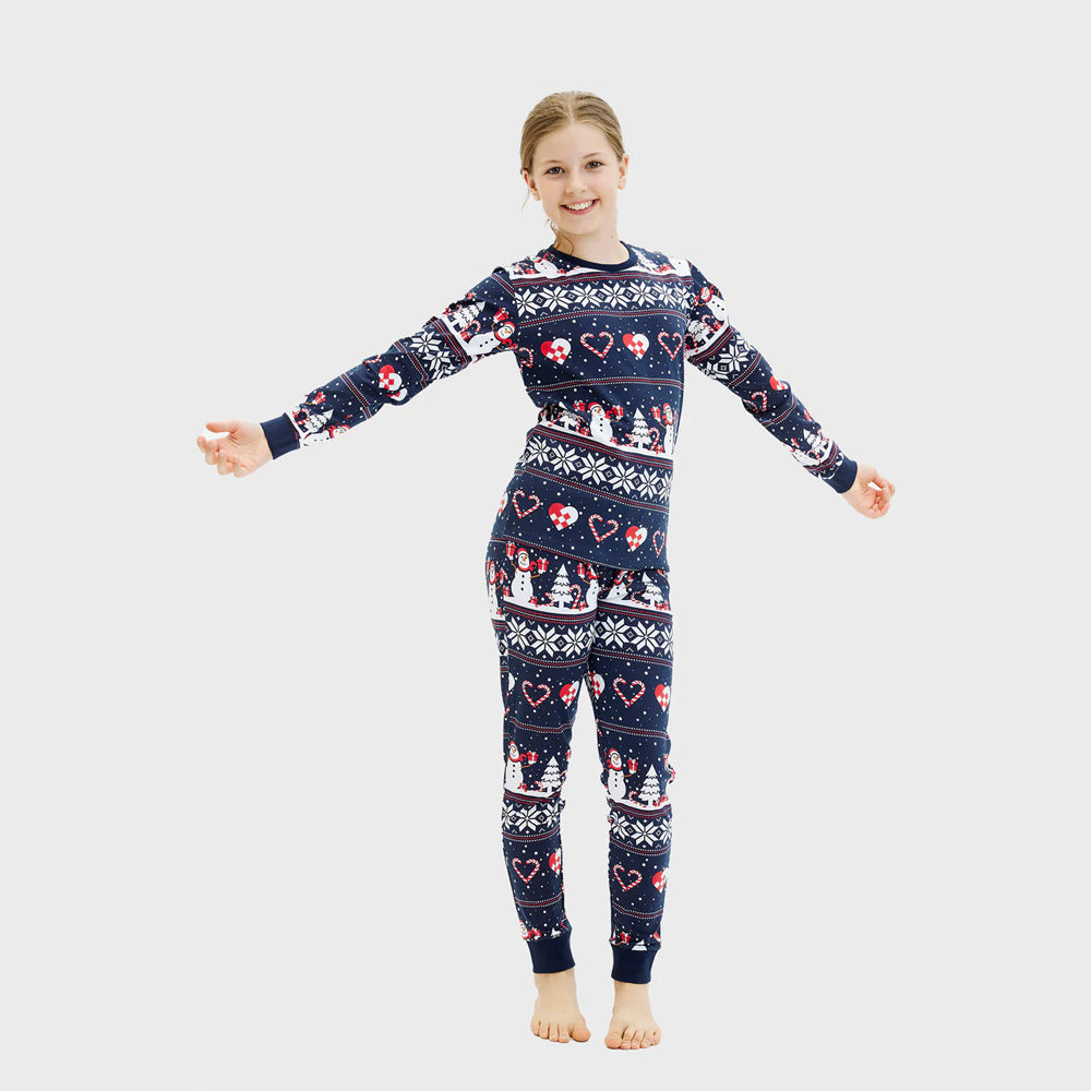 Pijama de Navidad para Niña Azul Muñecos de Nieve y Corazones

