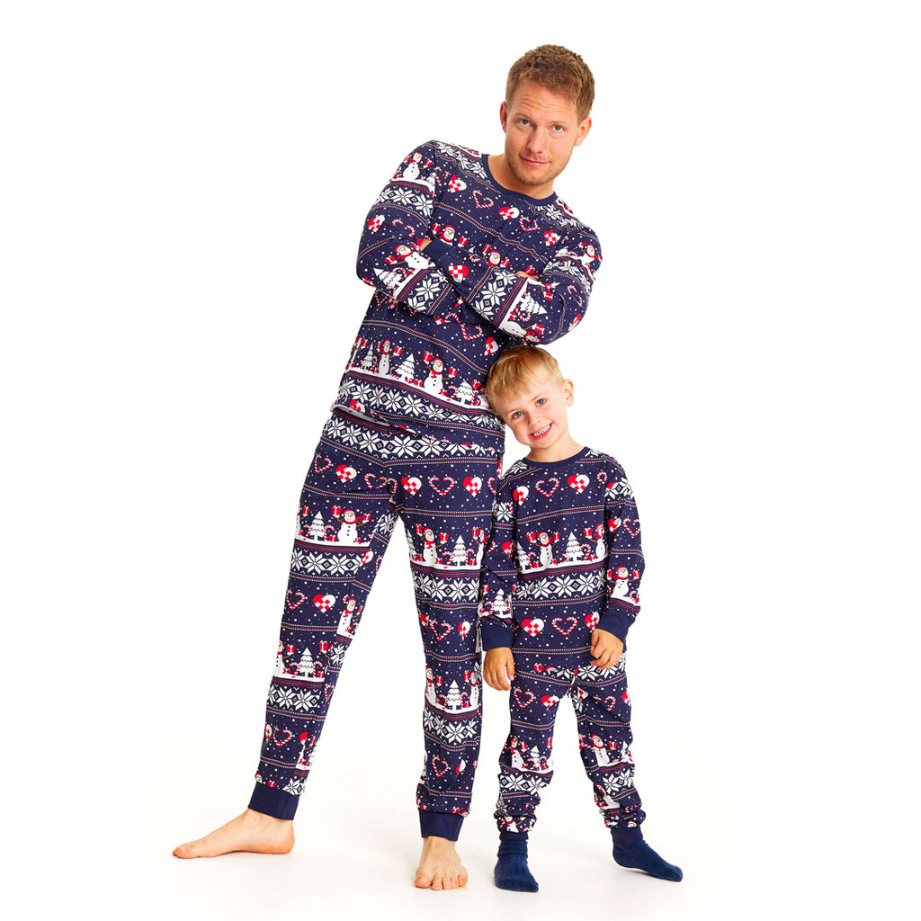 Pijama de Navidad para Familia Azul con Muñecos de Nieve y Corazones