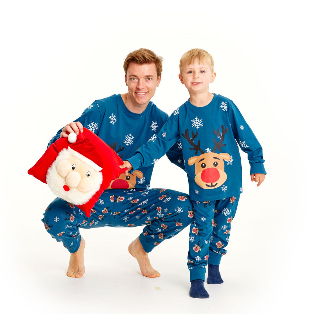 Pijama de Navidad para Familia Azul con Reno Rudolph