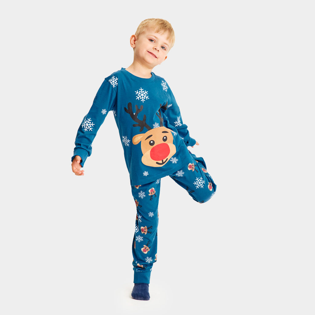 Pijama de Navidad para Familia Azul con Reno Rudolph niño