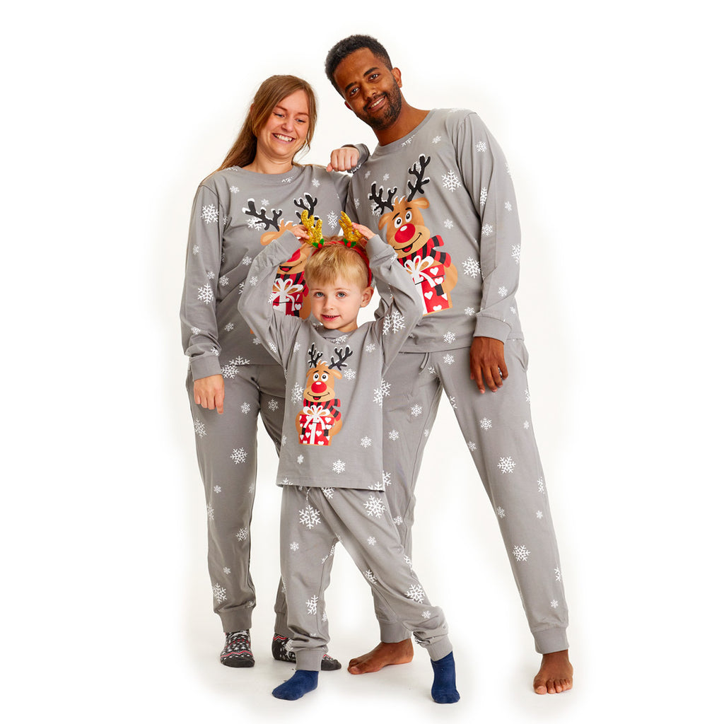 Pijama de Navidad para Familia Gris Reno Rodolfo