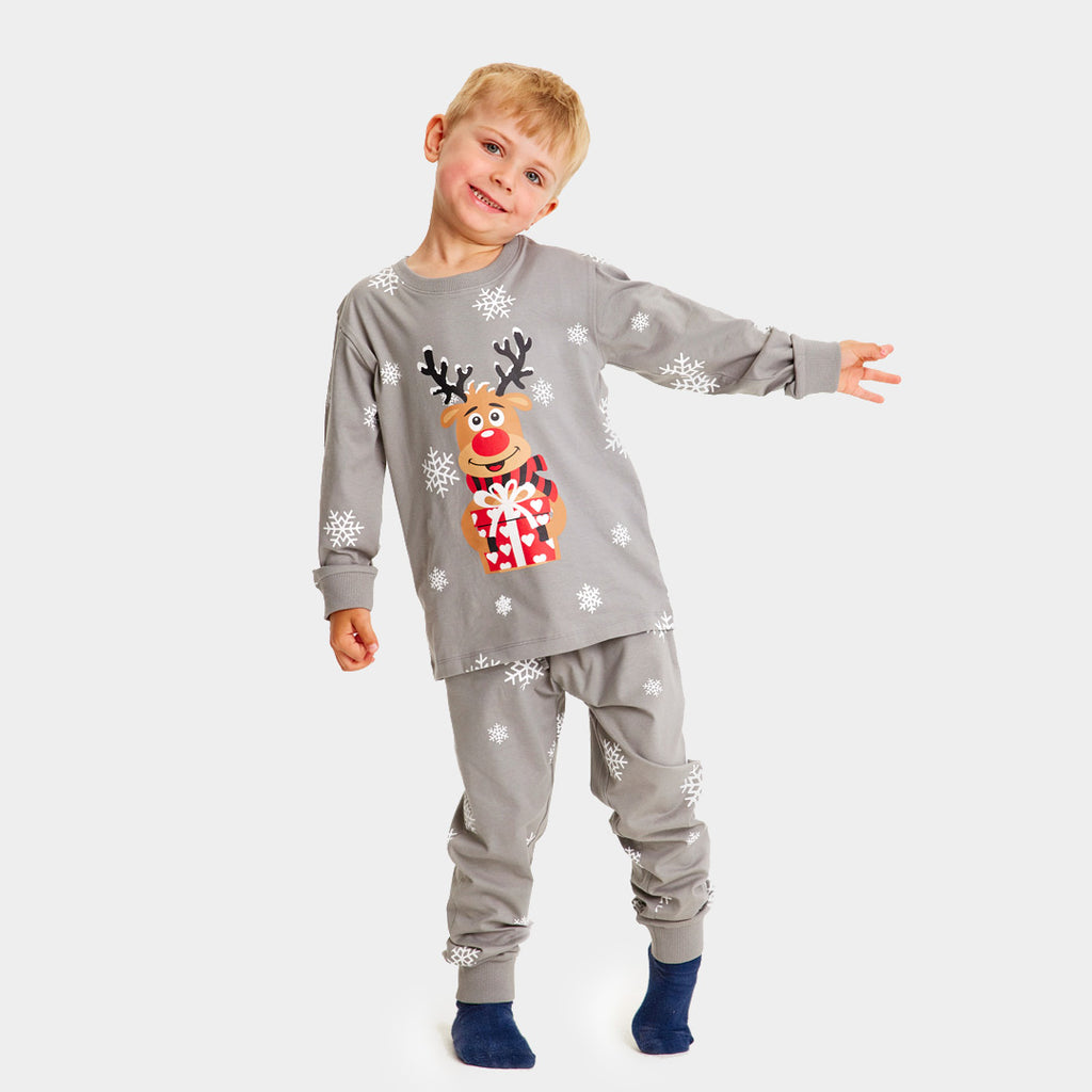 Pijama de Navidad para Familia Gris Reno Rodolfo niños